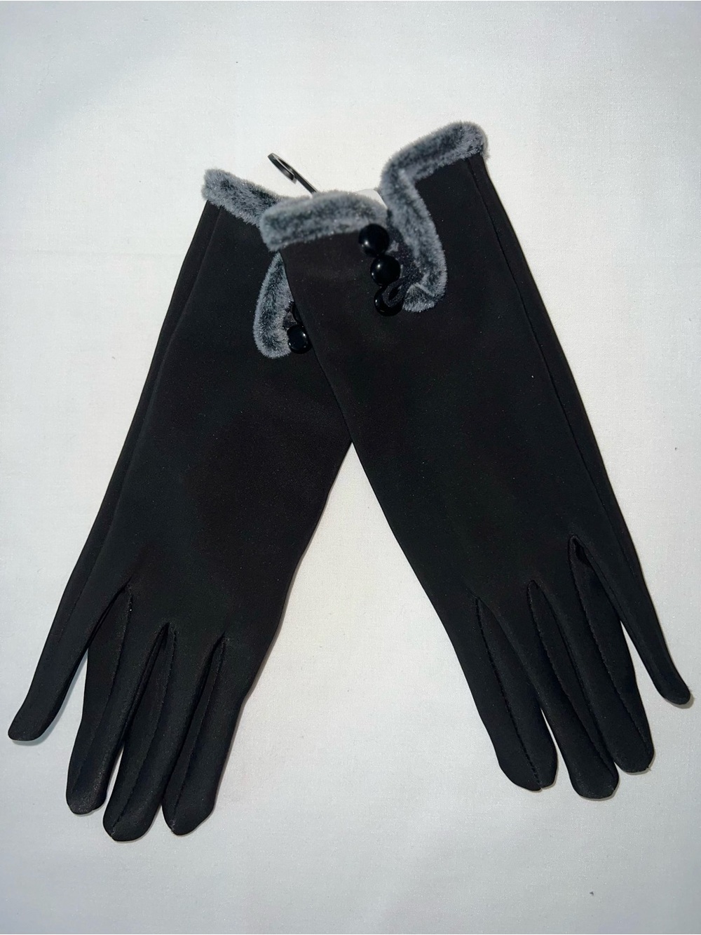 Women's Black Winter Gloves with Gray Faux-Fur Cuff and Button Trim